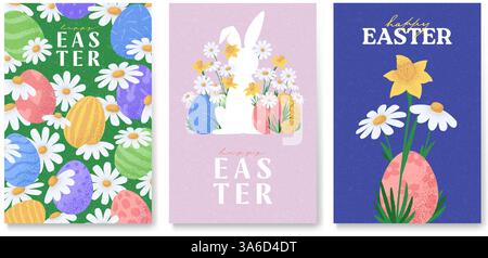 Set mit Ostervorlagen für Feiertage. Kreative Oster-Vektor-Illustration mit Häschen, Blumen, Gras und Eiern. Zeitgenössische Plakate für Feiern, br Stock Vektor