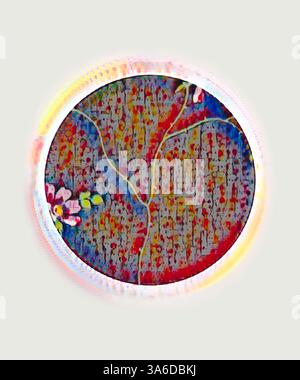 Eine abstrakte Darstellung mit einer ovalen Form, gefüllt mit lebhaften Farben und komplizierten Mustern, umgeben von einem weichen Halo, der das zentrale Design unterstreicht. Organische Elemente durchziehen die Zusammensetzung und verleihen Tiefe und Textur. Klassische Kunst mit modernem Touch, neu interpretiert von Artotop, transformierte französische Stoffe, erste Hälfte des 19. Jahrhunderts Stockfoto