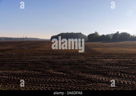 Spuren von Traktoren und anderen landwirtschaftlichen Maschinen auf dem Boden auf dem Feld Stockfoto