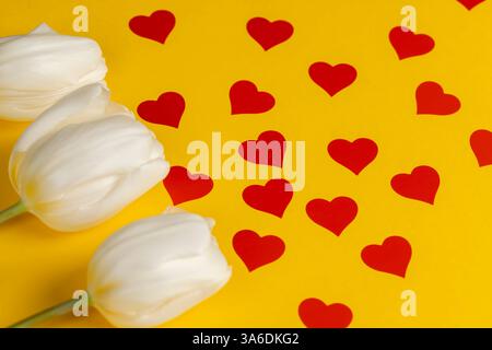 Weiße Tulpen auf gelbem Papier mit roten Herzen, roten Herzen und weißen Tulpenblüten auf gelbem Papier, Nahaufnahme Stockfoto