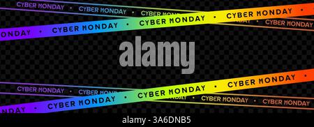 Cyber Monday Regenbogenband. Buntes Warnband mit Verkaufsbotschaft, technischem Stil und futuristischem Retail-Feeling. Perfekt für Werbeaktionen, Marketing und Werbung Stock Vektor