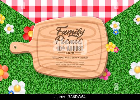 Picknick-Zeit-Banner, Poster, Einladung, Flyer-Design mit Tischdecke oder Karo, hölzerne Schneidebrett, bunte Gänseblümchen-Blumen auf grünem Grashintergrund. Stock Vektor
