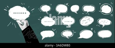 Kreide- und Holzkohle-Sprachblasencollage. Handgezeichnete Illustration mit Grunge-Texturen, Kritzeleien und Dialogen im Comic-Stil. Abstrakt, Text und Nachricht Stock Vektor