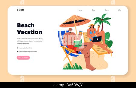 Strandurlaubskonzept. Eine entspannende Szene am Strand, in der ein Paar ihren Urlaub genießt. Der Mann liest, während er einen Drink hält, und die Frau arbeitet an ihrem Laptop. Sonne, Sand und Palmen schaffen eine ruhige Atmosphäre. Vektorabbildung. Stock Vektor