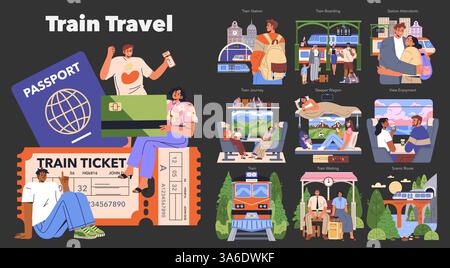 Abbildung: Zugfahrt. Das Erlebnis, mit dem Zug zu reisen, umfasst die Essenz von Entdeckungen und Abenteuern. Vom Einsteigen an einem Bahnhof bis hin zu malerischen Ausblicken, Zugfahrten schaffen bleibende Erinnerungen durch gemeinsame Momente, bequeme Sitzplätze und malerische Strecken. Vektorabbildung. Stock Vektor