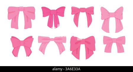 Einfache handgezeichnete pinke Schleifenkollektion. Bowknot zur Dekoration, große kleine Bowtie. Großes handgezeichnetes Retro-Band-Illustrationsset. Satz von Stock Vektor