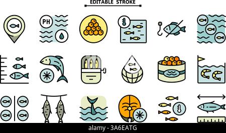 Fischzuchtsymbole gesetzt. Bearbeitbare Kontur. Farbset mit Symbolen für Fischzuchtbetriebe. Einfache Vektorillustration für mobiles Konzept und Webdesign. Stock Vektor