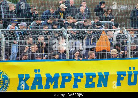 Leipzig - Stadtderby Chemie Leipzig gegen Lok Leipzig: Polizei mit mehreren Hunderschften im Einsatz 23.03.2025 ab 10,30 Uhr Stadtgebiet Leipzig, Stadtteil Leutzsch am Sonntag treffen im Sachsenpokal-Viertelfinale die beiden Stadt-Kontrahenten BSG Chemie Leipzig und Lok Leipzig ab 14 Uhr im Alfred-Kunze-Sportpark aufeinander. Bereits vor dem Spiel sorgen die Fanlager beider Mannschaften für ein Großaufgebot der Polizei in der gesamten Messestadt. Während die Fans der grün-weißen Chemiker sich um 10,30 Uhr am Rathaus Leutzsch zu einem Fanmarsch formiert haben, trafen sich Fans der blau-gelb L Stockfoto