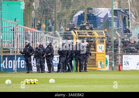Leipzig - Stadtderby Chemie Leipzig gegen Lok Leipzig: Polizei mit mehreren Hunderschften im Einsatz 23.03.2025 ab 10,30 Uhr Stadtgebiet Leipzig, Stadtteil Leutzsch am Sonntag treffen im Sachsenpokal-Viertelfinale die beiden Stadt-Kontrahenten BSG Chemie Leipzig und Lok Leipzig ab 14 Uhr im Alfred-Kunze-Sportpark aufeinander. Bereits vor dem Spiel sorgen die Fanlager beider Mannschaften für ein Großaufgebot der Polizei in der gesamten Messestadt. Während die Fans der grün-weißen Chemiker sich um 10,30 Uhr am Rathaus Leutzsch zu einem Fanmarsch formiert haben, trafen sich Fans der blau-gelb L Stockfoto