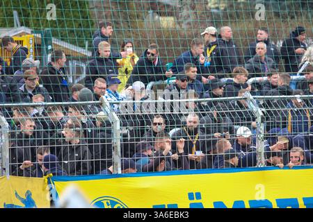 Leipzig - Stadtderby Chemie Leipzig gegen Lok Leipzig: Polizei mit mehreren Hunderschften im Einsatz 23.03.2025 ab 10,30 Uhr Stadtgebiet Leipzig, Stadtteil Leutzsch am Sonntag treffen im Sachsenpokal-Viertelfinale die beiden Stadt-Kontrahenten BSG Chemie Leipzig und Lok Leipzig ab 14 Uhr im Alfred-Kunze-Sportpark aufeinander. Bereits vor dem Spiel sorgen die Fanlager beider Mannschaften für ein Großaufgebot der Polizei in der gesamten Messestadt. Während die Fans der grün-weißen Chemiker sich um 10,30 Uhr am Rathaus Leutzsch zu einem Fanmarsch formiert haben, trafen sich Fans der blau-gelb L Stockfoto