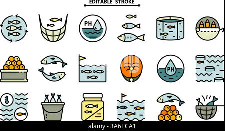 Fischzuchtsymbole gesetzt. Bearbeitbare Kontur. Eine Reihe von Symbolen für Fischzuchtbetriebe. Einfache Vektorillustration für mobiles Konzept und Webdesign. Stock Vektor