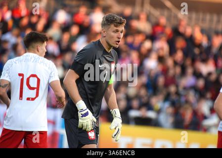 NIECIECZA, POLEN - 21. MÄRZ 2025: Freundschaftsspiel unter 20 Elite League Polen gegen Rumänien 1:0. Auf Foto Maciej Kikolski (1). Stockfoto