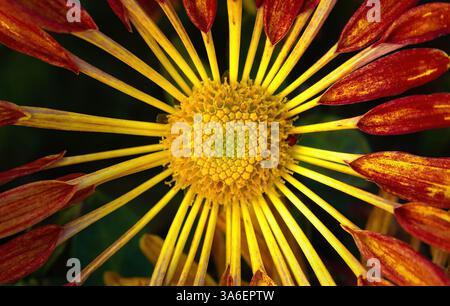 Rote Chrysanthemenblume mit gelber Nahaufnahme in der Mitte. Verschwommenes Bild, selektiver Fokus Stockfoto