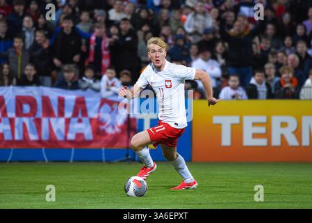 NIECIECZA, POLEN - 21. MÄRZ 2025: Freundschaftsspiel unter 20 Elite League Polen gegen Rumänien 1:0. Auf Foto Aleksander Buksa (11). Stockfoto