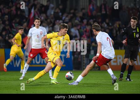 NIECIECZA, POLEN - 21. MÄRZ 2025: Freundschaftsspiel unter 20 Elite League Polen gegen Rumänien 1:0. Auf Foto Catalin Vulturar (18). Stockfoto