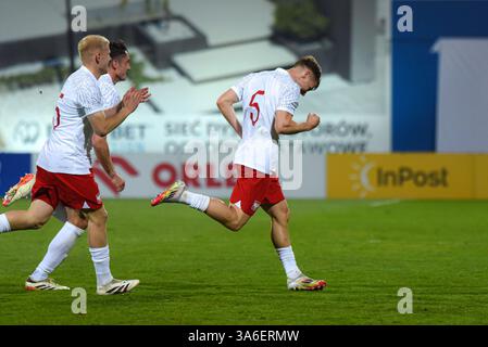 NIECIECZA, POLEN - 21. MÄRZ 2025: Freundschaftsspiel unter 20 Elite League Polen gegen Rumänien. Polnische Mannschaft feiert Szymon Karasiński Tor. Stockfoto