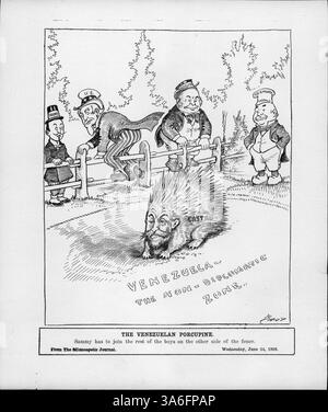 Dieser Cartoon aus der Minneapolis Tribune im Juni 1958 zeigt eine Darstellung von Fidel Castro als Stachelschwein, umgeben von verschiedenen Nationen. Er zeigt die politischen Spannungen zu dieser Zeit auf, insbesondere nachdem die USA die Beziehungen zu Kuba getrennt hatten und Deutschland neutral blieb. Stockfoto
