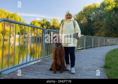 Glückliche kaukasische Seniorin mit Reisekarte und irischem Setter-Hund, der im Herbstpark spaziert Stockfoto