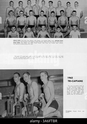 Diese Ausgabe des Jahrbuchs „62 Warrior“ von der Hopkins High School 1962 reflektiert das Schuljahr 1961-1962 mit Höhepunkten von Schülern, Lehrern, Leichtathletik, Vereinen und Veranstaltungen. Stockfoto