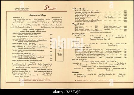 Diese zweifach gefaltete Abendkarte des Radisson Hotel verfügt über einen cremefarbenen Kartonumschlag mit dem Namen des Restaurants und ein stilisiertes d in rostfarbener Schrift. Das Menü bietet eine Vielzahl von Vorspeisen, Suppen, Fisch, Meeresfrüchte, Grillgerichte, frisches Gemüse, Salate, Desserts, Käse und Getränke, mit einer detaillierten Getränkeliste auf der Rückseite. Stockfoto