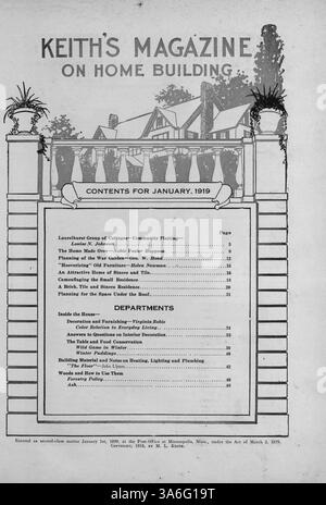 Keith’s Magazine on Home Building, das 1919 vom Architekten Max L. Keith veröffentlicht wurde, zeigt Hausentwürfe, Grundrisse und detaillierte Kostenschätzungen. Das Magazin befasst sich auch mit dem Wohnungsbau, der Inneneinrichtung und der Landschaftsgestaltung sowie mit Werbung für Baumaterialien und Wohnmöbel. Stockfoto