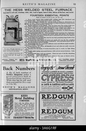 Das Keith's Magazine, das 1919 vom Minneapolis-Architekten Max L. Keith veröffentlicht wurde, bietet detaillierte Pläne für die Hausplanung mit Kostenaufschlüsselung. Es enthält Artikel über die Innenarchitektur und Landschaftsgestaltung sowie Werbung für Wohnmöbel und Baumaterialien. Stockfoto