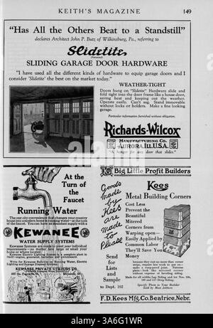 Keith’s Magazine on Home Building, 1919, enthält zwölf monatliche Ausgaben des Architekten Max L. Keith. Das Magazin zeigt Hausentwürfe mit Illustrationen, Fotografien und Grundrissen aus dieser Zeit. Die Entwürfe werden von detaillierten Beschreibungen und Baukosten begleitet. Das Magazin behandelt auch Themen wie Innenarchitektur, Landschaftsarchitektur und Werbung für Wohnmöbel und Baumaterialien. Stockfoto