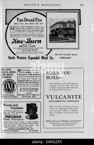 Keith's Magazine, eine monatliche Publikation aus dem Jahr 1919, konzentriert sich auf den Hausbau mit detaillierten Entwürfen, Kosten und Grundrissen. Es umfasst Themen zur Inneneinrichtung, Landschaftsgestaltung und bietet eine Vielzahl von Werbeanzeigen für Wohnmöbel, Accessoires und Baumaterialien. Stockfoto