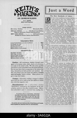 Keith’s Magazine, das erstmals 1919 vom Architekten Max L. Keith veröffentlicht wurde, lieferte detaillierte Hauspläne, Kostenschätzungen und Designtipps. Es betraf auch Innenarchitektur, Landschaftsgestaltung und Werbung für Möbel und Baumaterialien. Stockfoto