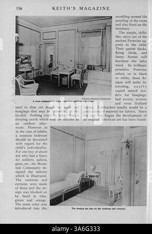 Keith’s Magazine on Home Building, das erstmals 1919 vom Architekten Max L. Keith veröffentlicht wurde, enthält Hausentwürfe, Grundrisse und detaillierte Beschreibungen zu den Baukosten. Das Magazin enthält Artikel über Innenarchitektur, Landschaftsgestaltung und Baumaterialien. Zu den Themen gehören Baupläne für Schulen und Kirchen. Band 42, Nr. 3 fehlende Seiten 109-112. Stockfoto