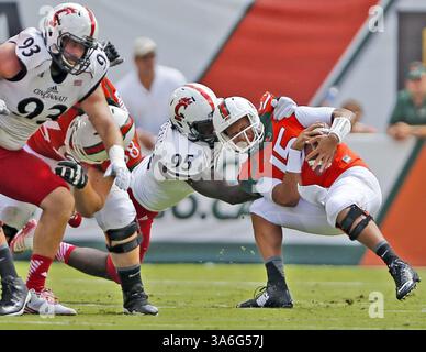 11. Oktober 2014 - Miami Gardens, FL, USA - Miami Hurricanes Quarterback Brad Kaaya (15) wird während des ersten Quartals am Samstag, 11. Oktober 2014 im Sun Life Stadium in Miami Gardens, Florida, von Cincinnati Bearcats Defensive End Terrell Hartsfield (95) entlassen (Kreditbild: © Al Diaz/MCT/ZUMA Wire) Stockfoto
