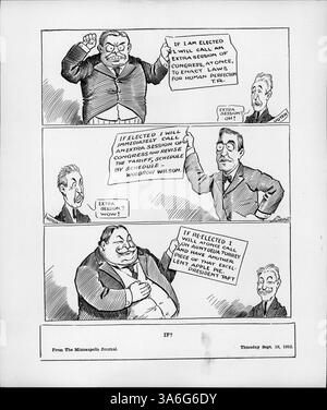 A political cartoon compares the political promises of Theodore Roosevelt, Woodrow Wilson, and William Howard Taft during the 1912 election, using humor to highlight their differing priorities. Stockfoto