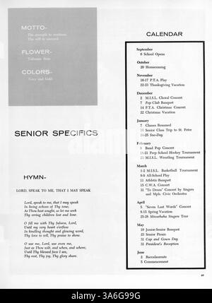 Das Jahrbuch „Antler“ der Minnehaha Academy 1963 bietet einen detaillierten Überblick über das Leben der Schüler, die Lehrkräfte, die Leichtathletik und die Schulveranstaltungen des akademischen Jahres 1962-1963. Stockfoto