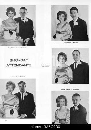 Das Jahrbuch „Antler“ der Minnehaha Academy für 1963 bietet einen umfassenden Überblick über das akademische Jahr 1962-1963 und dokumentiert die Schüler, Lehrkräfte, Leichtathletik und außerschulische Aktivitäten der Schule. Stockfoto