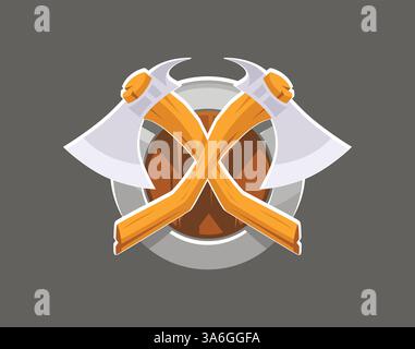 Wappen mit gekreuzten Äxten und Schild isoliert auf neutralgrauem Hintergrund. Vektorabbildung in EPS10. Stock Vektor