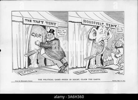 Ein politischer Zeichentrick zeigt, wie Präsident Taft den republikanischen Elefanten in das Taft-Zelt schiebt, während Theodore Roosevelt versucht, den Kofferraum des Elefanten im Roosevelt-Zelt zu sichern, was ihre Rivalität in der republikanischen Nominierungsschlacht 1912 symbolisiert. Stockfoto