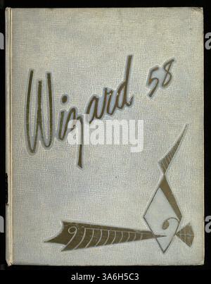 Die Ausgabe 1958 des Jahrbuchs Wizard 58 der Edison High School erfasst die Schüler, Lehrer, Clubs, leichtathletik und bemerkenswerte Veranstaltungen aus dem akademischen Jahr 1957-1958, die die lebendige Community der Schule zeigen. Stockfoto