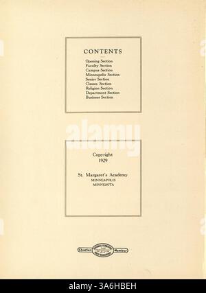 Das Dayesye Jahrbuch von 1929 erfasst die Schülerschaft der St. Margaret's Academy und zeigt Höhepunkte des Schuljahres 1928-1929, einschließlich akademischer und außerschulischer Veranstaltungen. Stockfoto