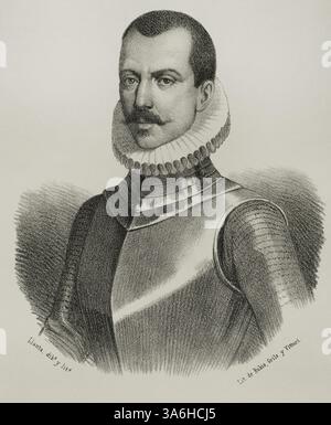 Luis Fajardo de la Cueva (Luis Yáñez Fajardo de la Cueva) (ca. 1508-1574), 2. Marquis of los Vélez. Spanischer Adliger und Offizier. Präsident des Königlichen und Obersten Rates von Indien. Er war Bürgermeister von Adelantado und Hauptmann der Königreiche Murcia, Granada und Valencia. Hochformat. Zeichnung von Llanta. Lithographie. "Cronica General de España, Historia Ilustrada y Descriptiva de sus Provincias. Andalusien", 1869. Stockfoto