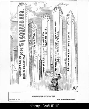 Ein politischer Zeichentrick zeigt Uncle Sam, wie er die boomende Wirtschaft von Minneapolis im Jahr 1914 betrachtet, hervorgehoben durch Wolkenkratzer, Bankabwicklungen und die Fertigung. Minneapolis hatte ein Rekordwirtschaftsjahr mit insgesamt 1,4 Milliarden US-Dollar an Bankabrechnungen. Stockfoto