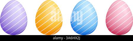 Set mit diagonal gestreiften 3D-Ostereiern - pastelllila, gelb, blau, rot ovale Formen mit weißen schrägen Linien. Stock Vektor