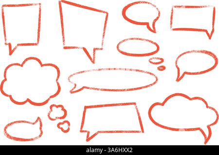 Rote Kreide Sprechblase Hand gezeichnetes Vektorset - denken Sie an Wolken, Dialog Ballon Kritzelrahmen. Stock Vektor