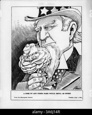Ein politischer Zeichentrick zeigt Onkel Sam in der Hand einer Rose, die einen Kanister mit der Aufschrift „Standard Oil Company“ enthält. Das Bild bezieht sich auf einen Bericht der New York Times über die Ankündigung des Ölfonds bezüglich der Dividenden von Aktionären im Anschluss an die Klage des Generalstaatsanwalts, den Trust aufzulösen. Stockfoto