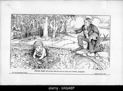 Ein politischer Cartoon zeigt Uncle Sam, der versucht, die Zollfrage von einem metaphorischen Treibsand zu befreien, und verweist dabei auf die laufenden politischen Debatten über Zollreformen im frühen 20. Jahrhundert. Stockfoto