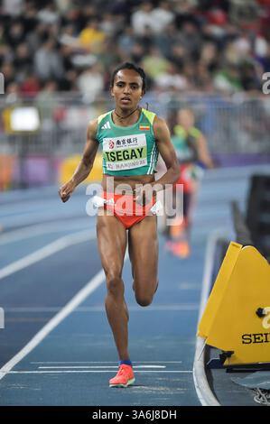 Gudaf Tsegay aus Äthiopien trat ab 21-23 Ma im 1500-m-Finale bei den Leichtathletik-Hallenweltmeisterschaften im Nanjing Sports Training Centre, China an Stockfoto