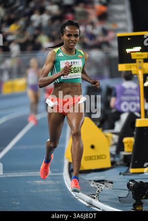 Gudaf Tsegay aus Äthiopien trat ab 21-23 Ma im 1500-m-Finale bei den Leichtathletik-Hallenweltmeisterschaften im Nanjing Sports Training Centre, China an Stockfoto