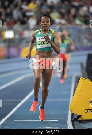 Gudaf Tsegay aus Äthiopien trat ab 21-23 Ma im 1500-m-Finale bei den Leichtathletik-Hallenweltmeisterschaften im Nanjing Sports Training Centre, China an Stockfoto