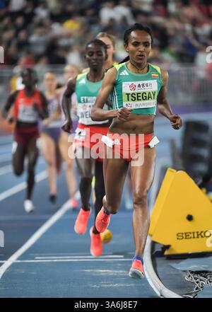 Gudaf Tsegay aus Äthiopien trat ab 21-23 Ma im 1500-m-Finale bei den Leichtathletik-Hallenweltmeisterschaften im Nanjing Sports Training Centre, China an Stockfoto