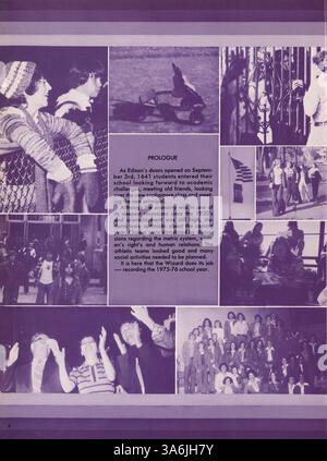 Diese Ausgabe des Jahrbuchs „76 Wizard“ von der Edison High School aus dem Jahr 1976 erfasst Beiträge von Studenten und Lehrkräften, darunter Vereine, Leichtathletik und Veranstaltungen des Schuljahres 1975-1976, mit Schwerpunkt auf der Geschichte der afroamerikanischen Bevölkerung. Stockfoto