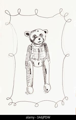 Handgezeichneter Teddybär sitzt in einem verspielten Rahmen im monochromen Skizzenstil. Das Konzept der kindlichen Nostalgie, Weichheit und Vintage-Spielzeugdesign Stockfoto